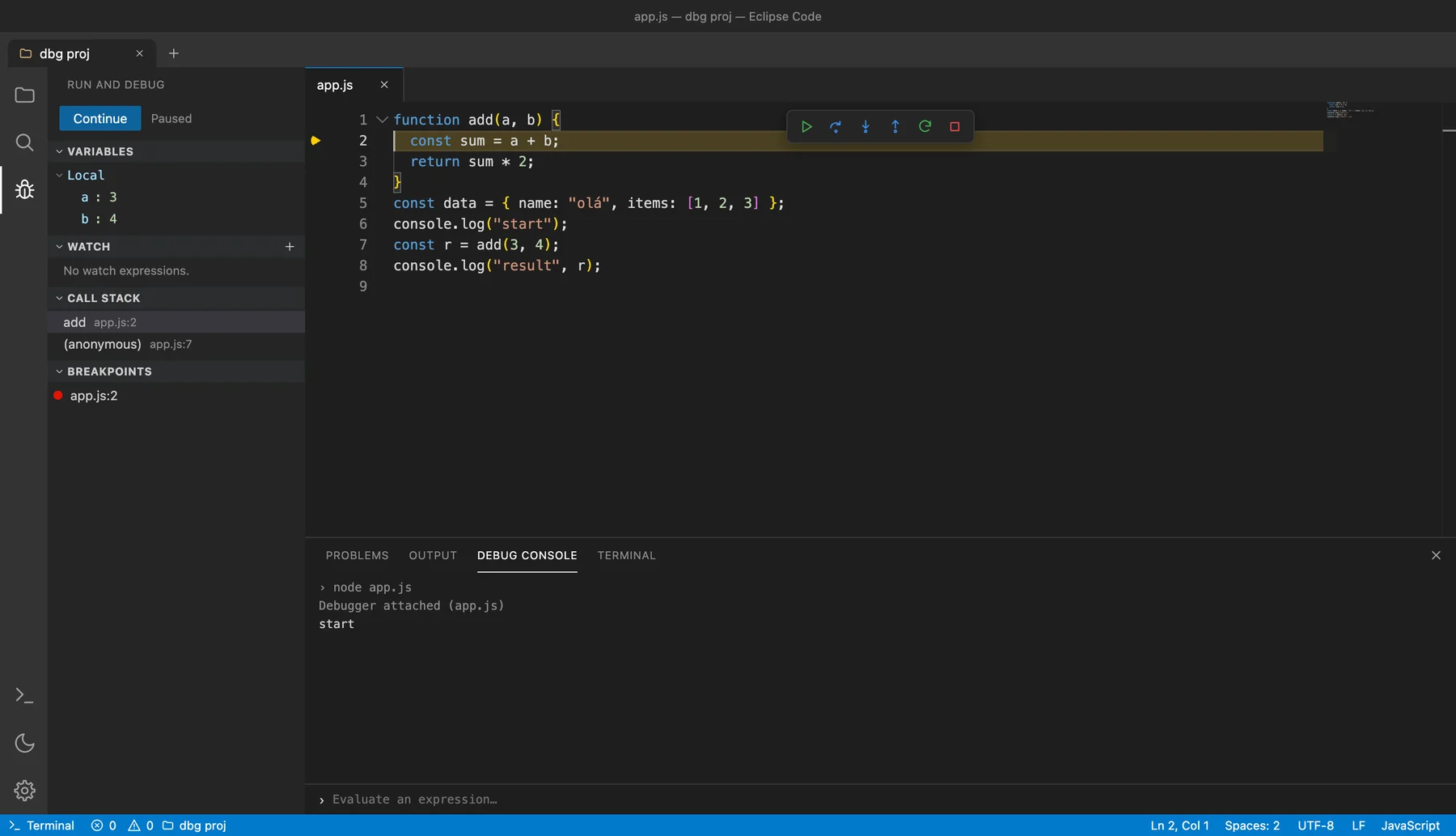 Eclipse Code debugging a Node.js file with a breakpoint, variables and call stack