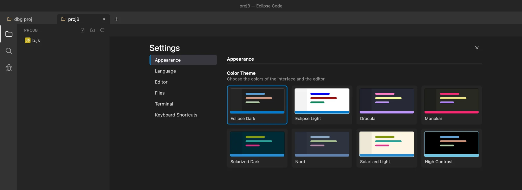 The Eclipse Code settings page showing eight color themes